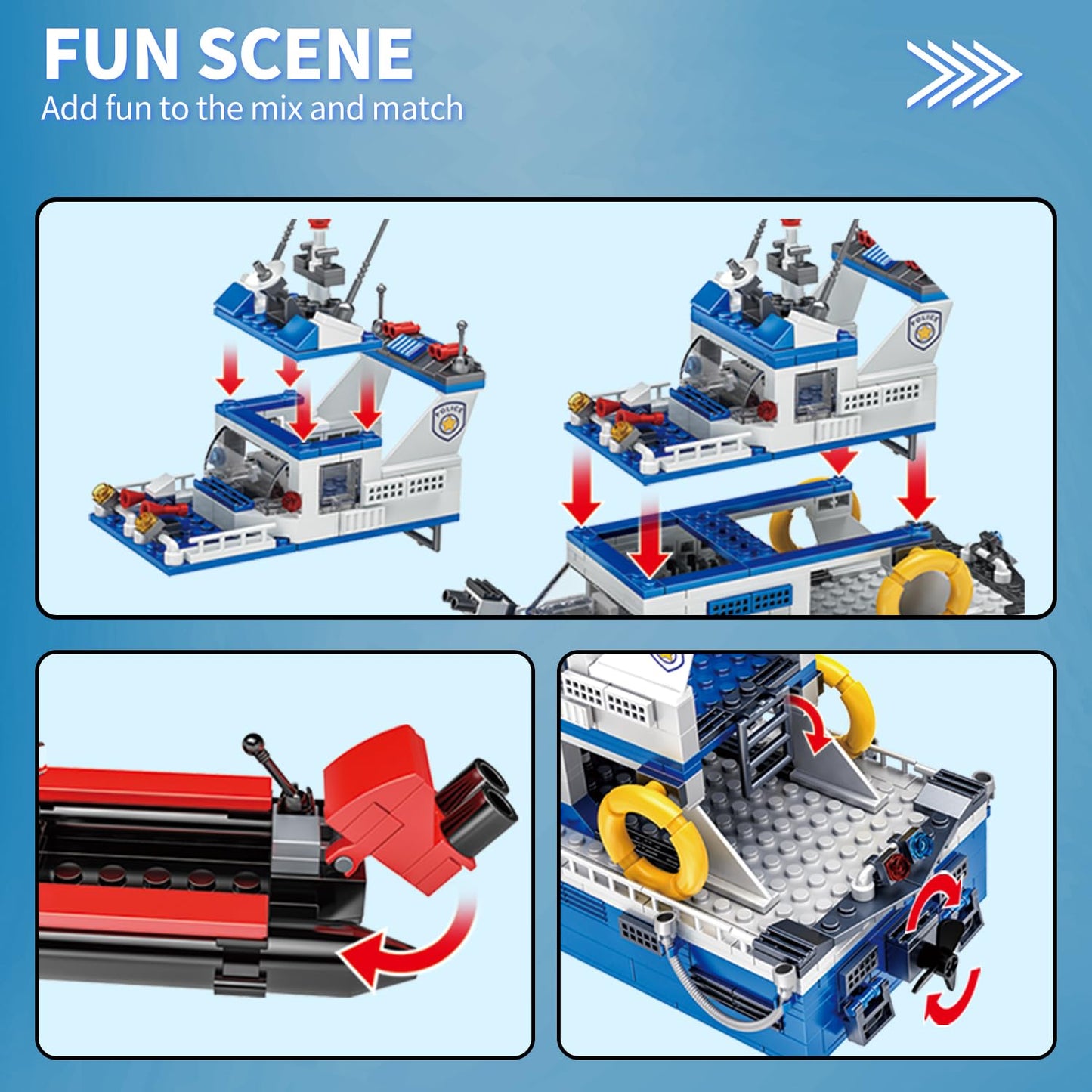 Wvinvw City Boat Stem Building Blocks Sets, Compatible With Lego City Police Boat And Ship Playsets, Rescue Boats That Float Toy