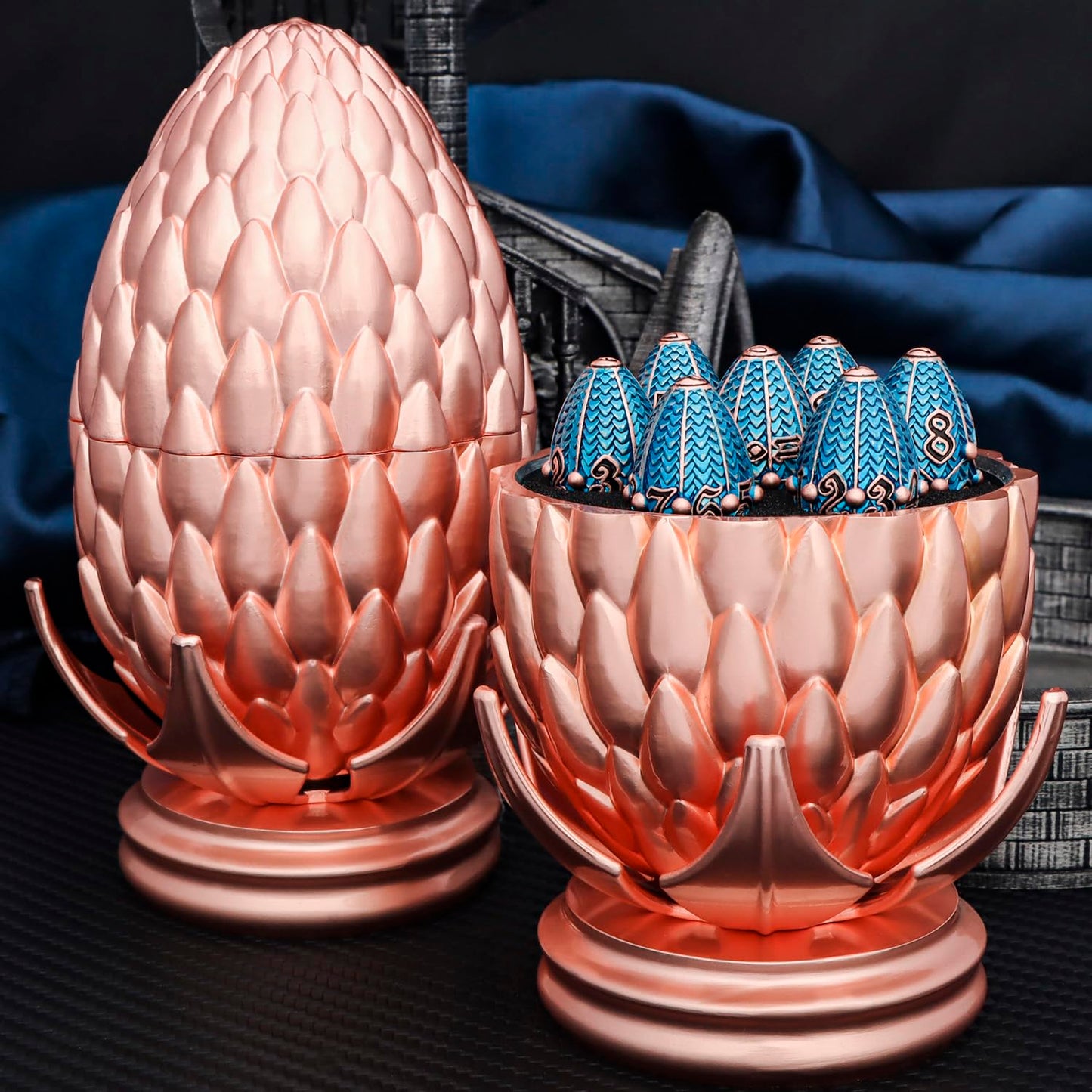ARUOHHA DND Metal Dice Copper Blue Dragon Egg Dice with Rotating Dragon Egg Shell, Dungeons and Dragons Role Playing Game RPG D&