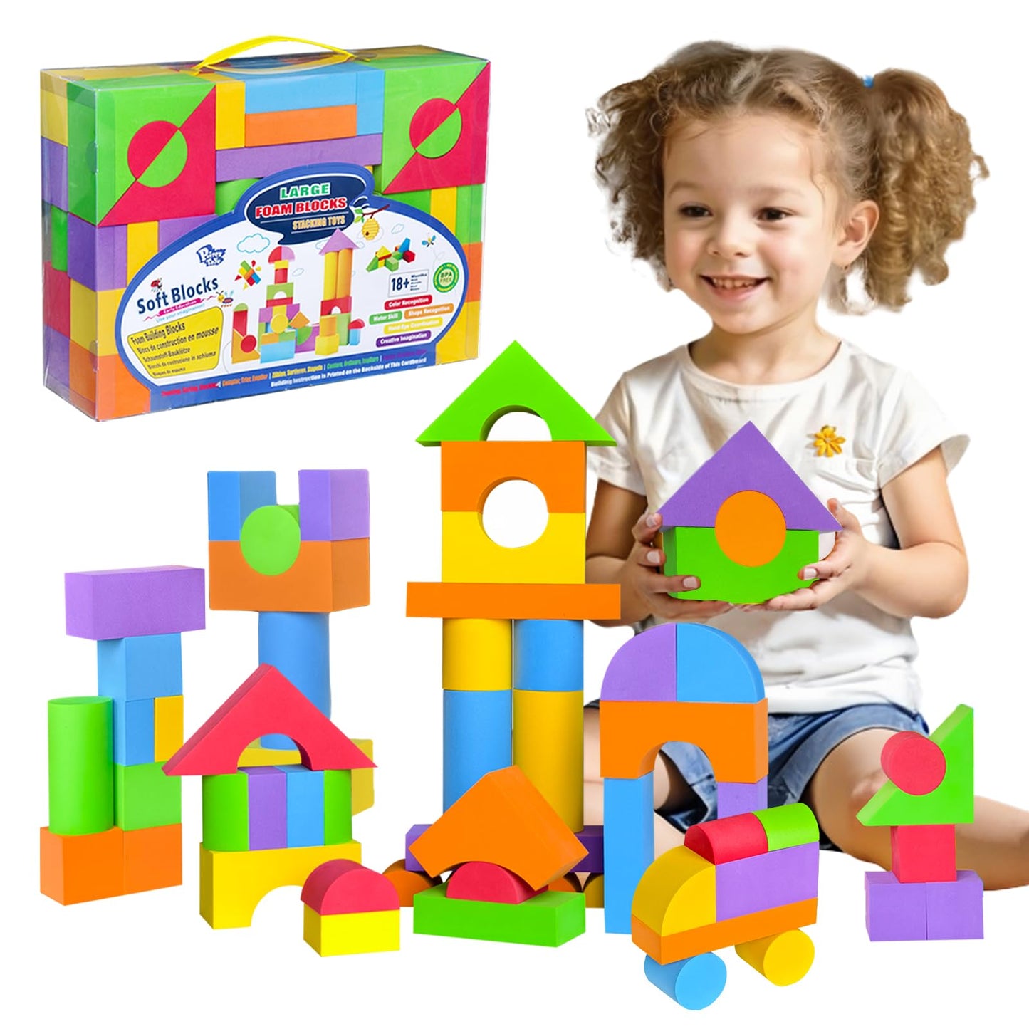 Pairez Toys Large Foam Blocks For Toddlers 2-4 Years, Big Building Blocks Set, Soft Stacking Blocks, Education & Learning Montessori Toys For 18+ Month Old Boys&Girls (61Pcs)