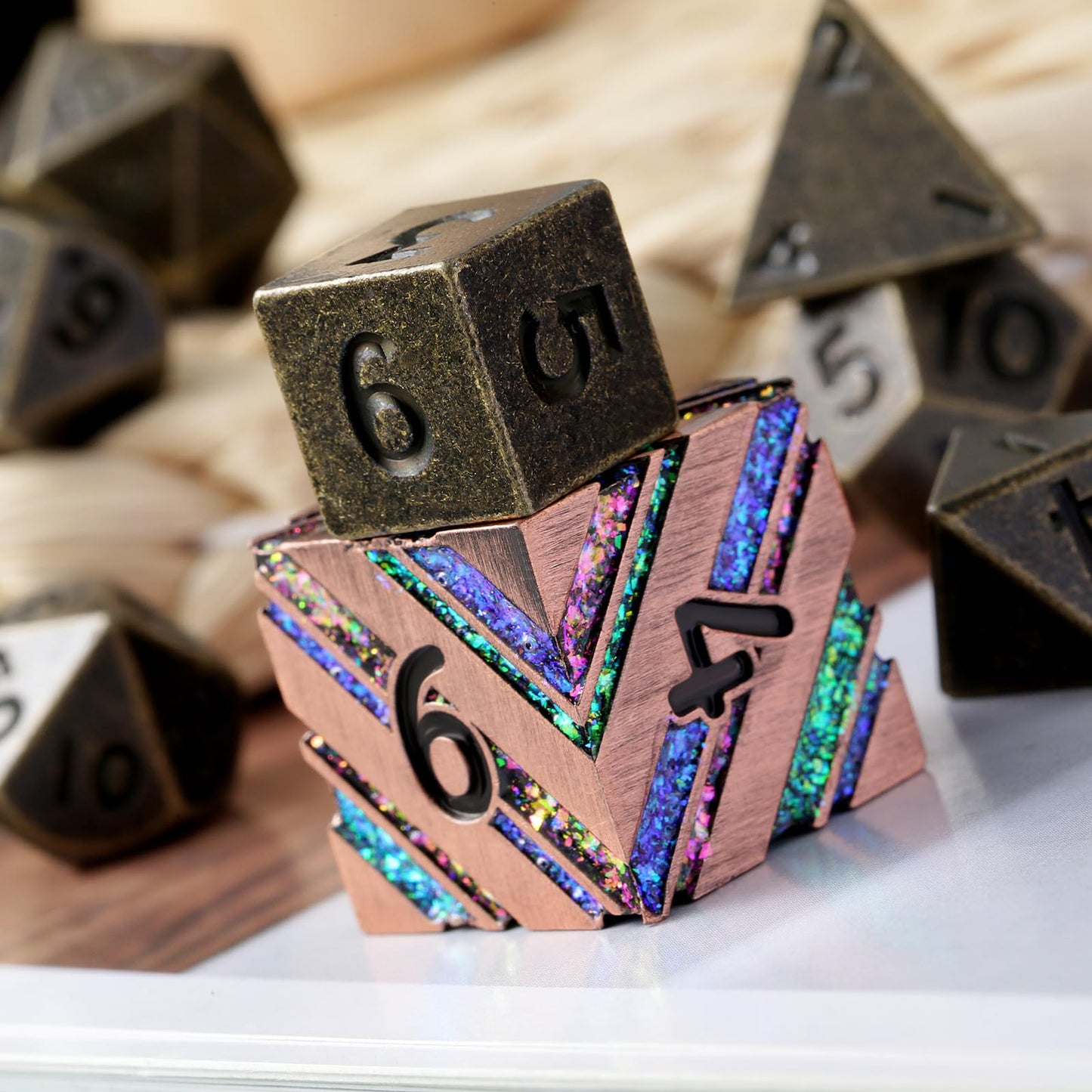 Mini D&D Dice Metal,DNDND 10mm Metallic D&D Dice Set with Gorgeous Gift Dice Box for Dungeons and Dragon DND Game (Brass)