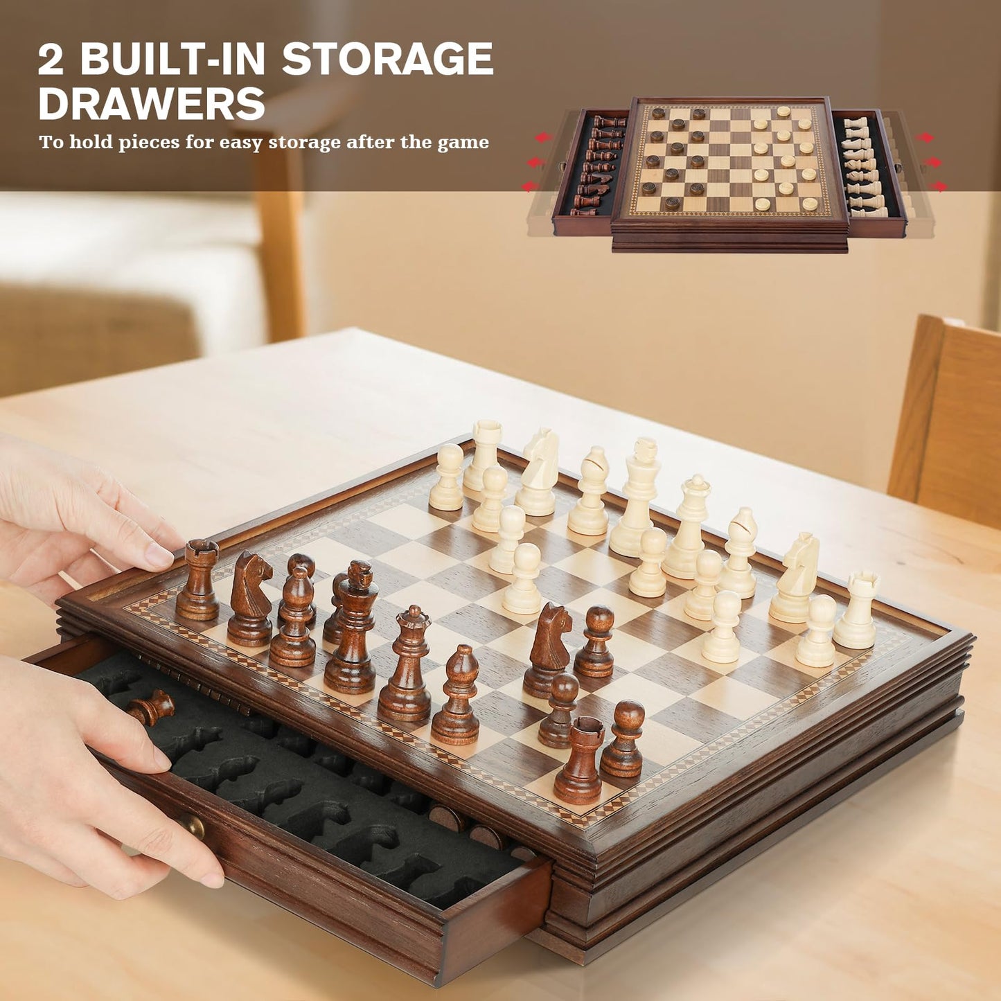 Peradix Magnetic Chess Checkers Board Sets With 2 Built-In Storage Drawers,12.8' Classic 2 In 1 Wooden Games With 2 Extra Queens For Kids And Adults,Travel Portable Chess Game Set