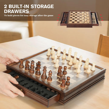 Peradix Magnetic Chess Checkers Board Sets With 2 Built-In Storage Drawers,12.8' Classic 2 In 1 Wooden Games With 2 Extra Queens For Kids And Adults,Travel Portable Chess Game Set
