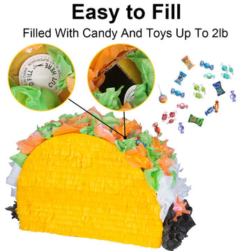 Taco Pinatas -Mexican Pinatas With Bat And Hanging Loop-Taco Pinatas For Fiestas, Cinco De Mayo Decorations, Mexican Themed Party, Girls Kids Taco Bout Parties Festival Birthday Party Favors Supplies