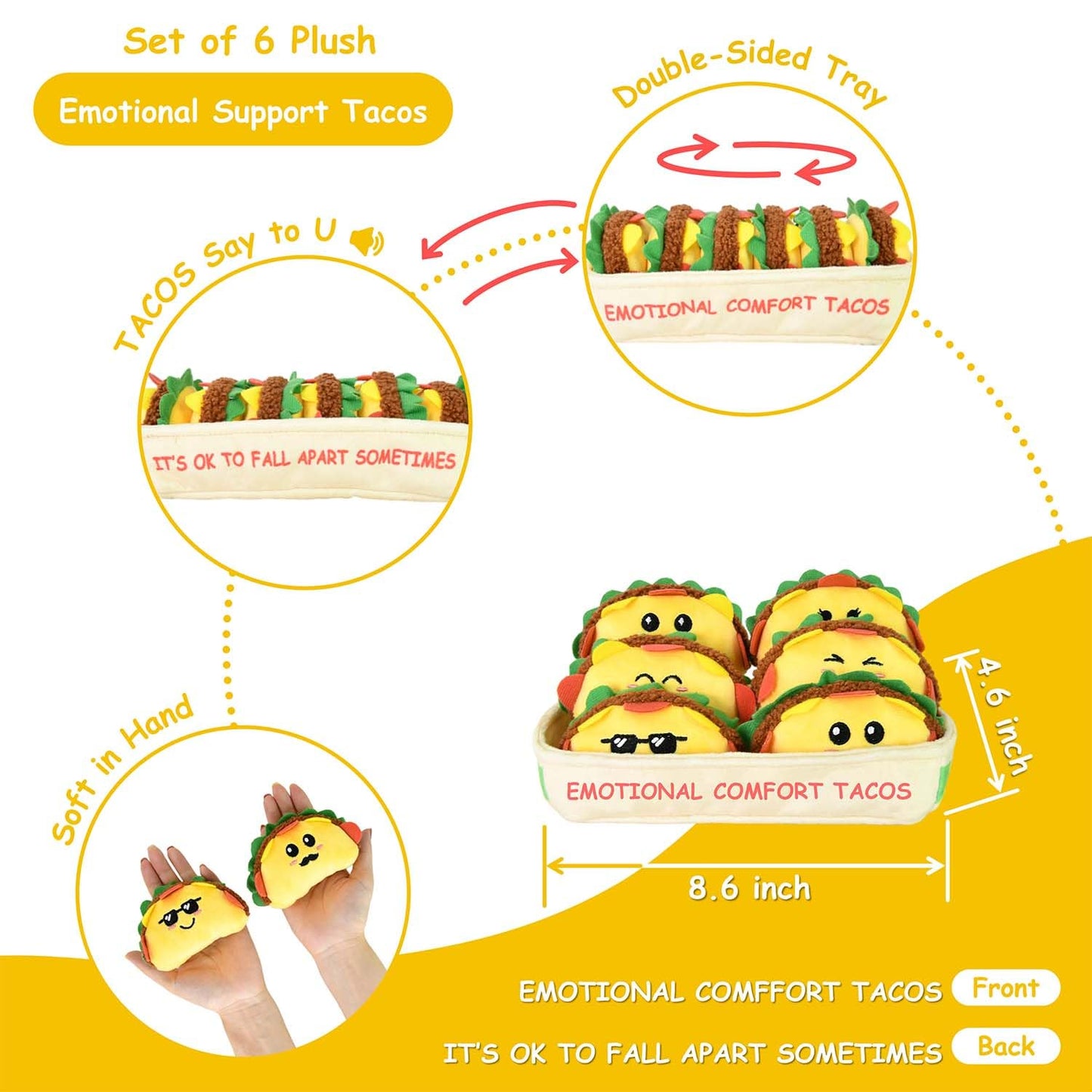 Inspirational Emotional Support Tacos Plush Toy, 6 Cute Stuffed Tacos in 1 Soft Serving Tray, Funny Stuffed Animal Gift for Wome