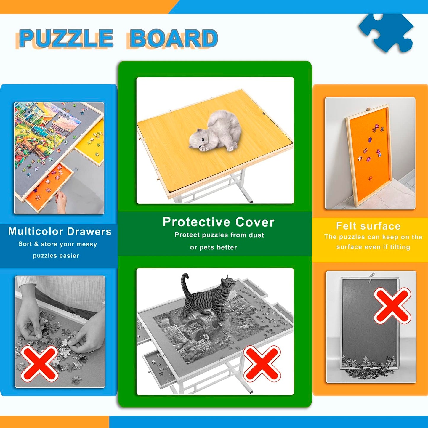 Fanwer Adjustable Puzzle Table - 35"x26", Grey Wood, 1500 Piece, with Drawers, Angle & Height Adjustable for Adults & Kids
