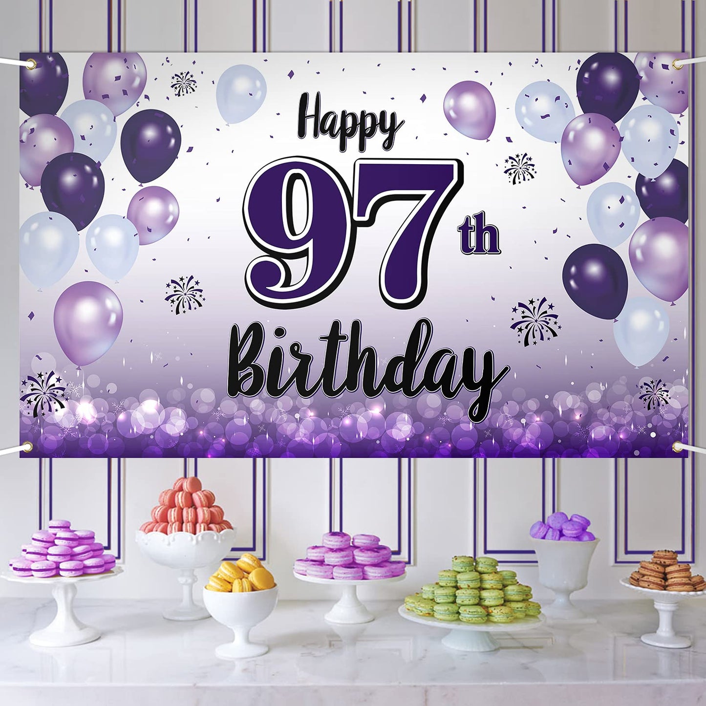 LASKYER Happy 97th Birthday Decorations,97th Purple Balloon Large Birthday Banner Backdrop Sign,97 Years Old Bday Party Supplies