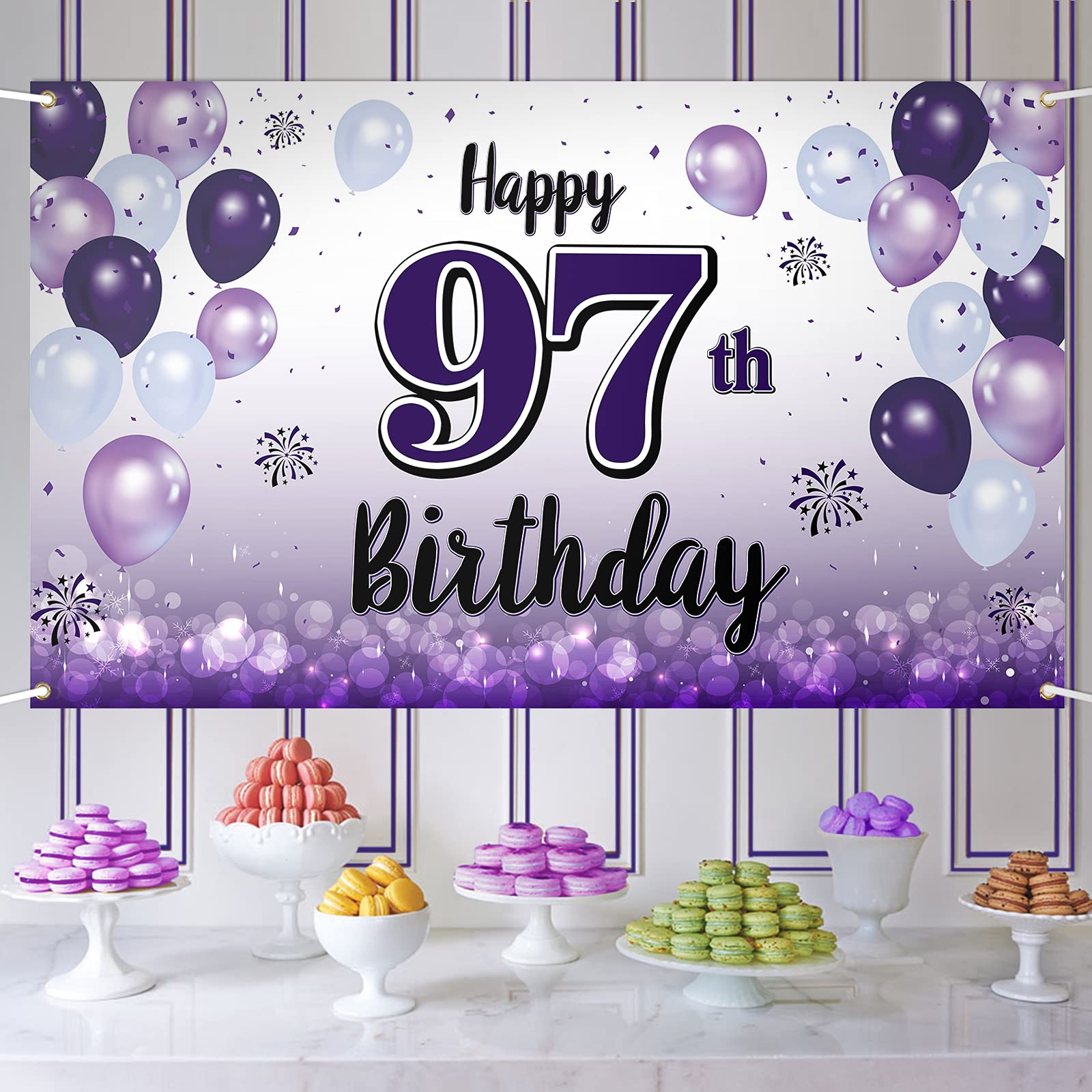 LASKYER Happy 97th Birthday Decorations,97th Purple Balloon Large Birthday Banner Backdrop Sign,97 Years Old Bday Party Supplies