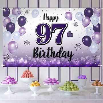 LASKYER Happy 97th Birthday Decorations,97th Purple Balloon Large Birthday Banner Backdrop Sign,97 Years Old Bday Party Supplies