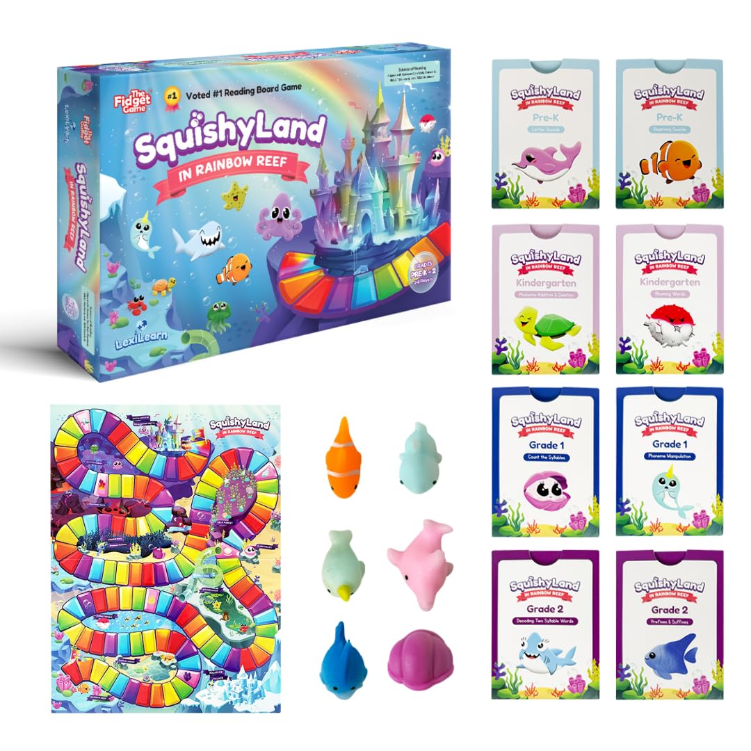 The Fidget Game SquishyLand Educational Toy Set - Rainbow Reef, Silicone Mochi Squishies, Board Game for 2-6 Players, Multi-Color