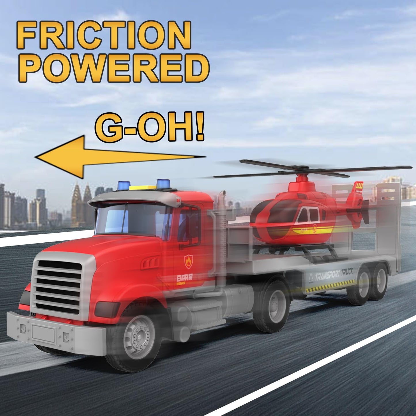 DOWELLIN 22'' Semi Fire Truck Toy with Helicopter for Kids Toddlers - Fire Police Car Toys, Birthday for Boy Girl Child 3 4 5 6