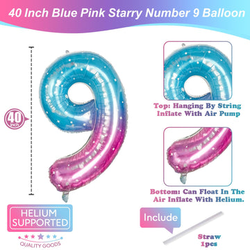 Mermaid Starry Number 9 Balloons, 40 Inch Large Purple Blue Pink Foil Number Balloons Set 0-9 For Girls, Globos De Numero 9 Heli