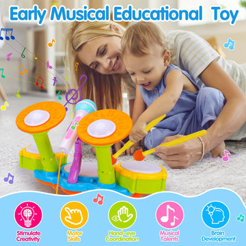 Drum Set For Toddlers 1-3 Musical Toys With 2 Sticks Microphone For 6-12 18 Months Baby Music Instruments Montessori Learning Toy Kids Toddler Drums Christmas Birthday Gift For 1 2 3 Year Old Boy Girl