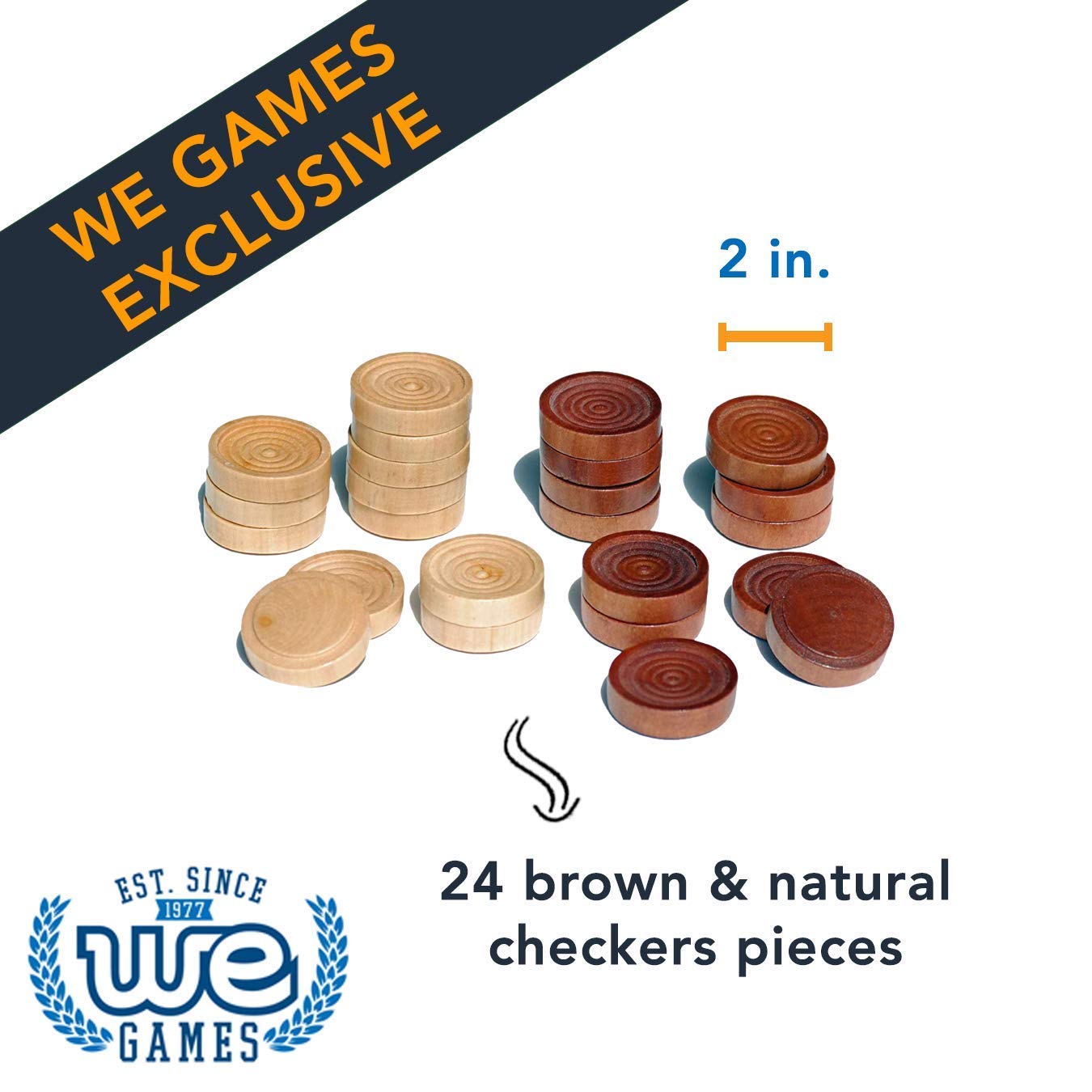 We Games Wooden Checkers Pieces Only (2 Inch), Checker Board Game & Backgammon Pieces, 24 Brown And Natural Stained Stackable Ridges With A Drawstring Storage Bag, Replacement Game Piece