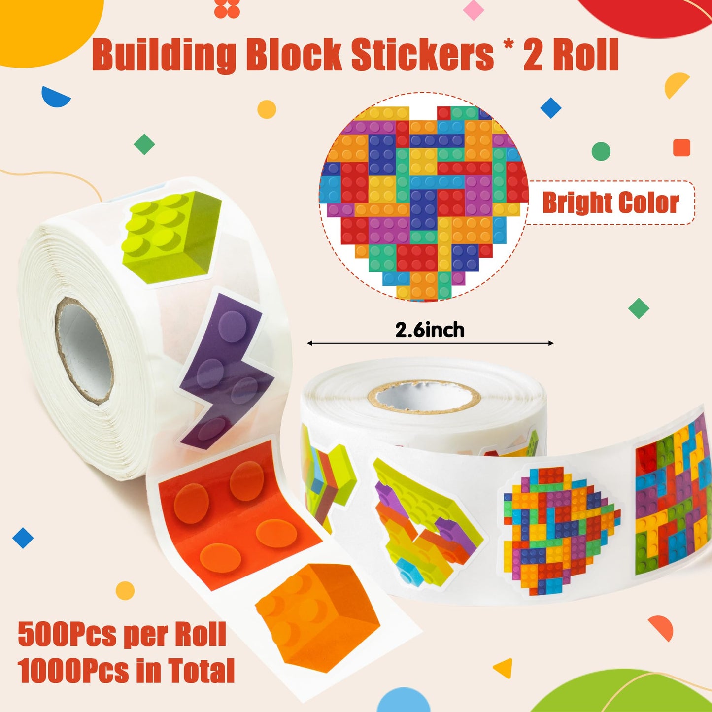Unbess 1000Pcs Block Stickers For Kids, 2 Roll Colorful Bricks Paper Self Adhesive Heart House Decal Peel And Stick Removable To