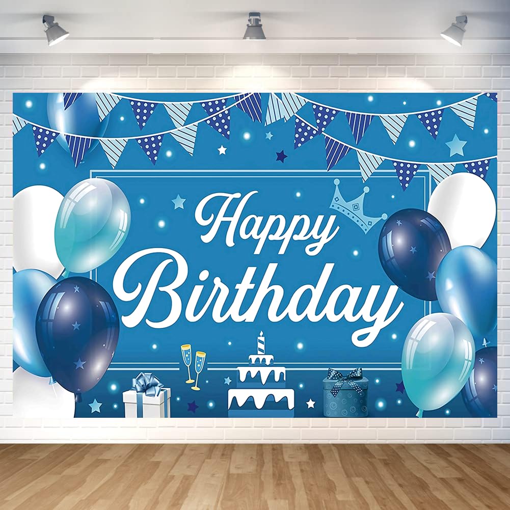 Blue Birthday Party Backdrop Blue Happy Birthday Banner Blue Photography Background For Home Decorations Party Supplies 70.8 X 4
