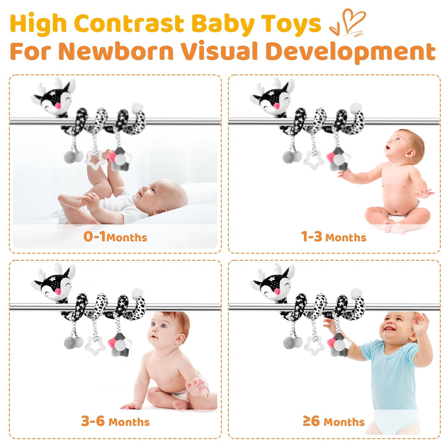 Car Seat Toys For Babies 0-6 Months Boy&Girl, Carseat Toys Hanging Black And White High Contrast Toy For Baby 0-3 Months, Spiral