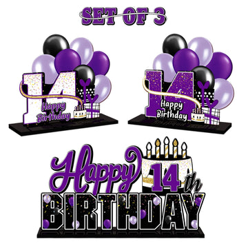 Lingteer Happy 14Th Birthday Purple Acrylic Table Topper Centerpieces Set - Cheers To Fourteen Years Old Birthday 14Th Bday Party Gift Decorations.