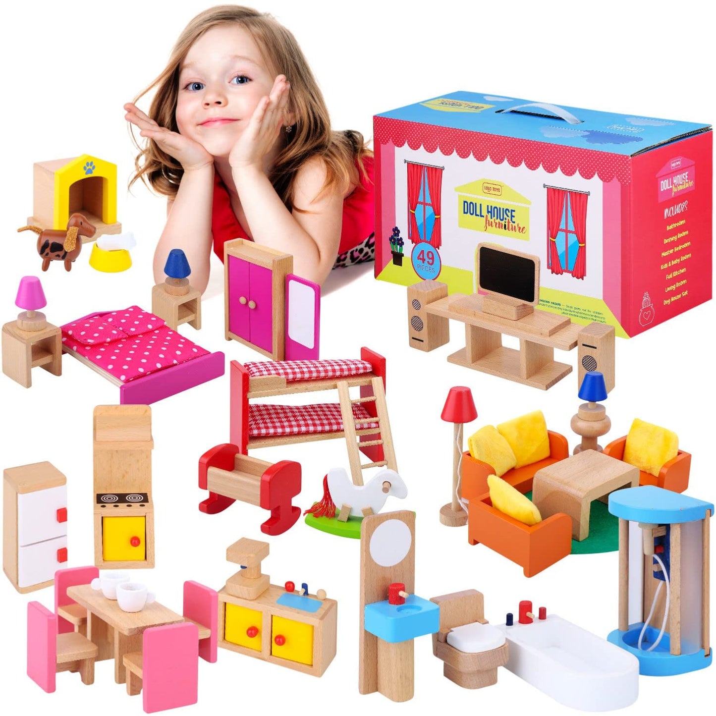 Premium Wooden Dollhouse Furniture Set –49Pcs, 7 Rooms– Doll House Furniture And Accessories Set