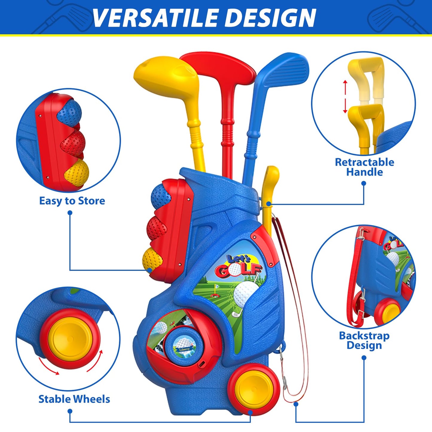 Liberry Toddler Golf Set For 2 3 4 5 Years Old Boys Girls, Upgraded Kids Golf Clubs Set With Golf Cart, Putting Mat, Outdoor Indoor Sports Toy Birthday Gift, Blue