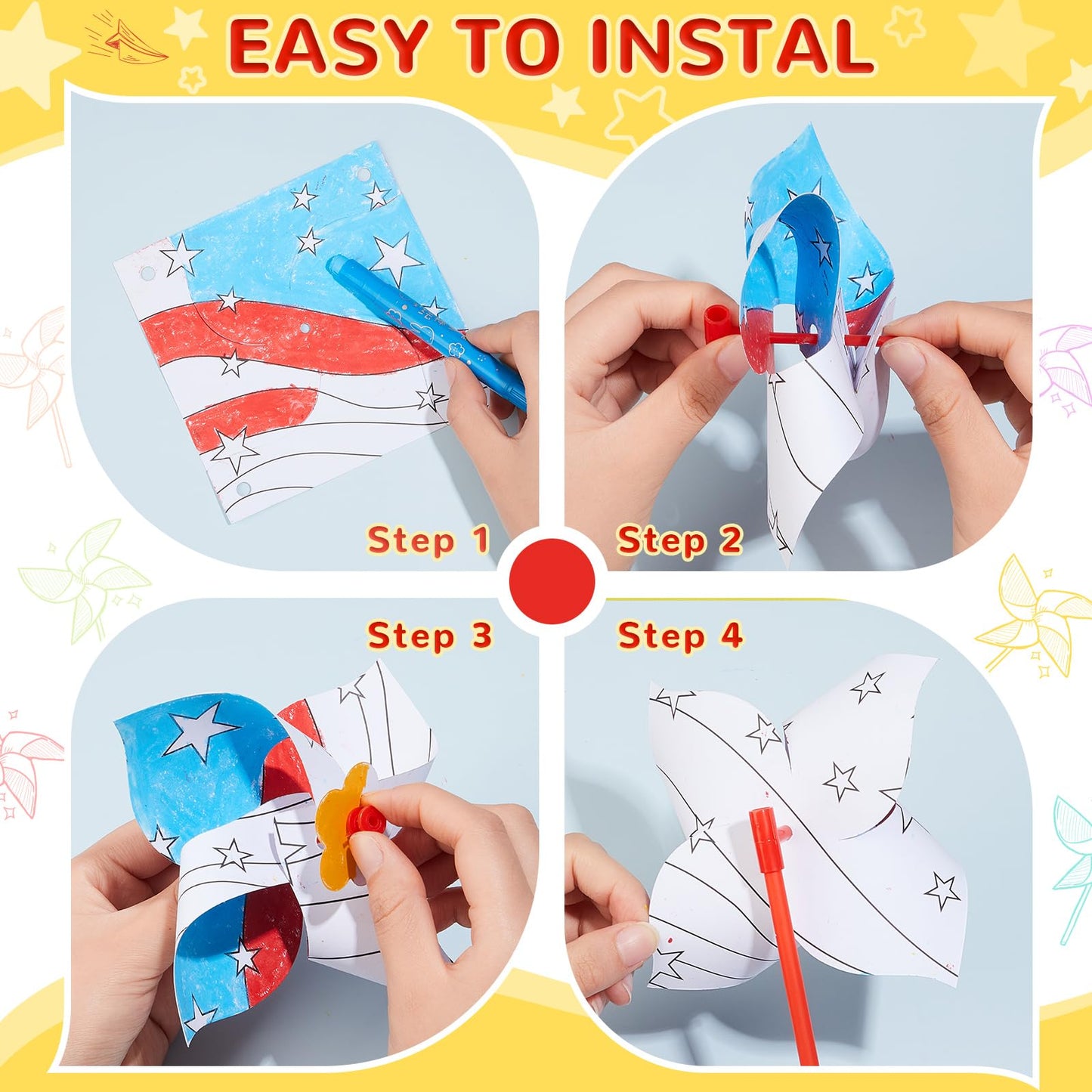 100 Pcs DIY Pinwheels Craft White Blank Paper Pinwheels Patriotic Craft Bulk Spring Summer Graffiti Art Kit for Kids Fun Activit