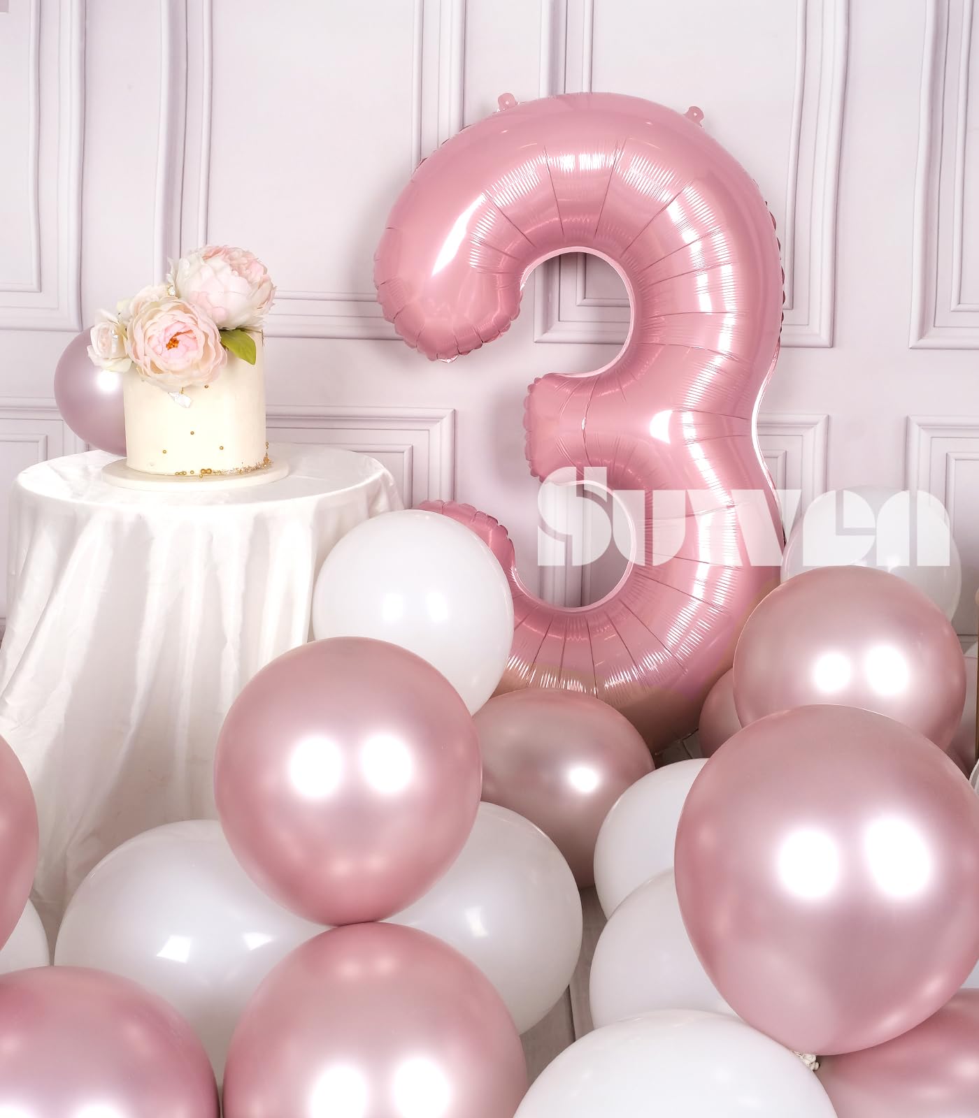Suwen 40 Inch Pink Large 3 Number Balloons Big Foil Helium Number Balloons 0-9 Jumbo Happy 3Rd Mylar Birthday Party Decorations