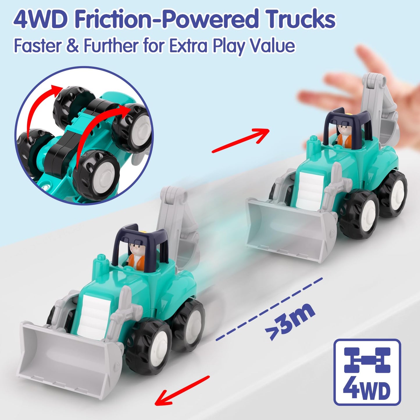 HOLA Toys for 1 Year Old Boy Toys - 4 PCS Toy Cars 4WD Friction Power Truck Toys for 2 Year Old Boy Birthday Gift, Toddler Toys