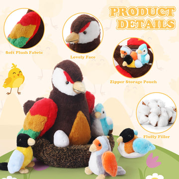 Roundfunny 7 Pcs Birds Stuffed Animal Toys Set 9.8 Inch Bird Plush With 4 Pcs Cute Baby Birds Plushies, 1 Pcs Egg And 1 Pcs Larg