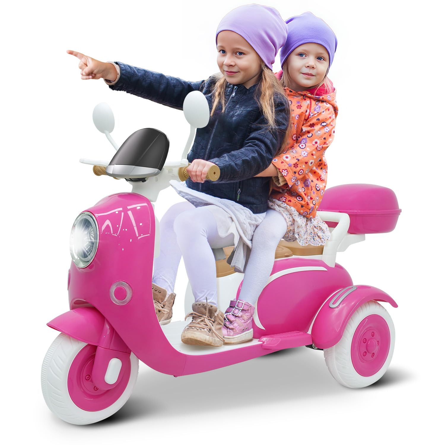 Letsgoride 12V 2 Seater Ride on Motorcycle for Kids, Electric Moped Scooter w/Remote Control, Storage Box, Music, LED Light, Hor