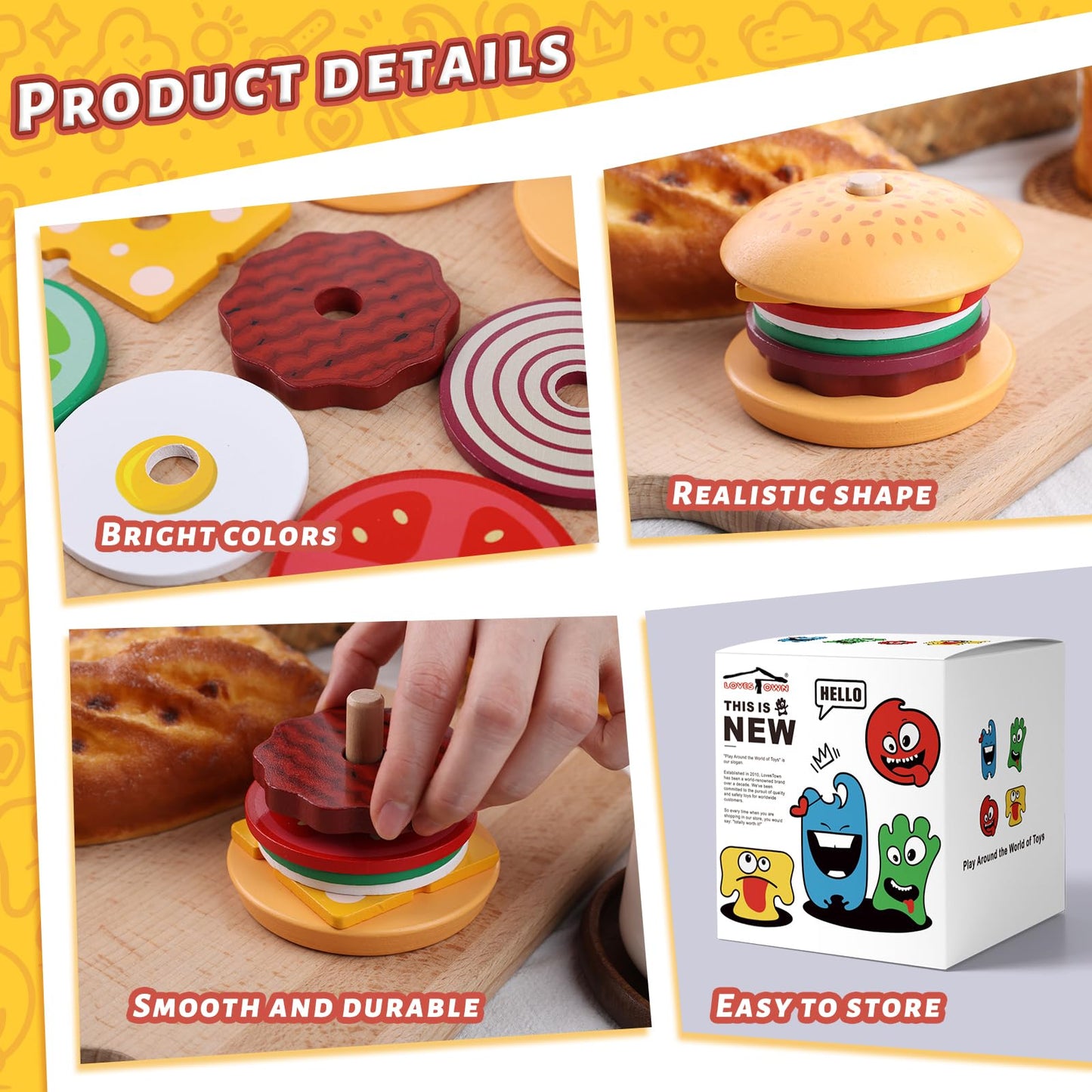 Lovestown Wooden Stacking Toys, Burger Stacking Toys Montessori Toys For Kids Educational Preschool Learning Toys For Boys Girls Birthday Gifts, Medium