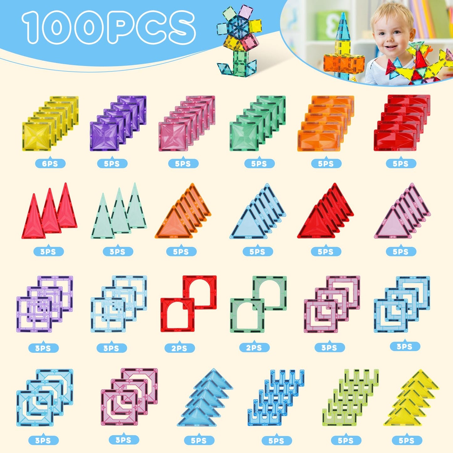 Paaxido Magnetic Tiles, 100PCS Magnetic Blocks Set, 4D Diamond Magnet Building Blocks, STEM Preschool Educational Magnet Toys Gi