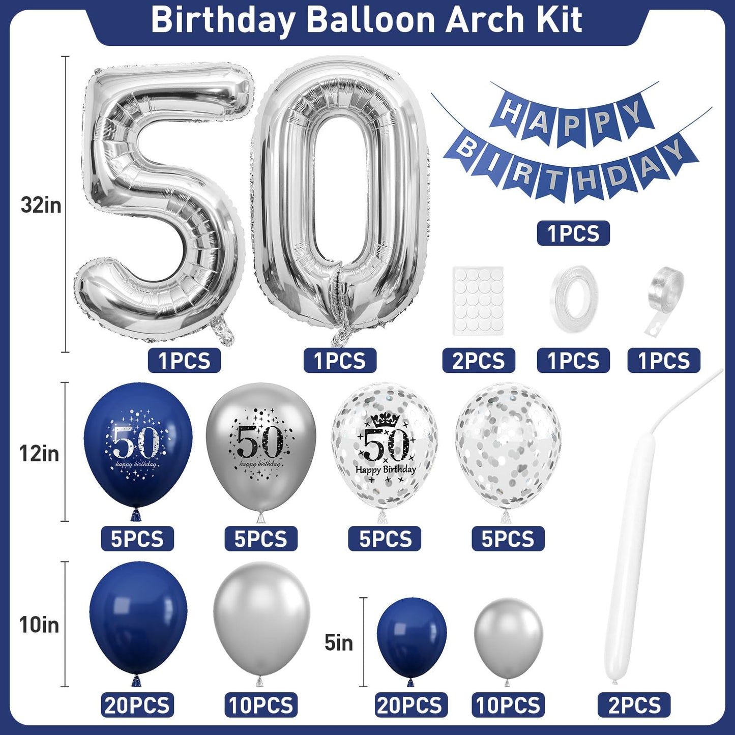 50Th Birthday Decorations Navy Blue Silver,50Th Birthday Balloon Garland Party Decorations With Number 50 Foil Balloons,Happy Bi