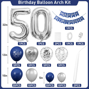 50Th Birthday Decorations Navy Blue Silver,50Th Birthday Balloon Garland Party Decorations With Number 50 Foil Balloons,Happy Bi