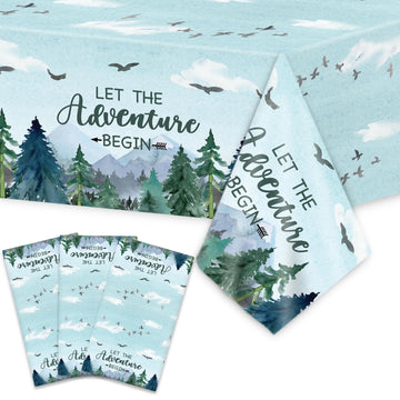 3 Pieces Adventure Awaits Tablecloths Let The Adventure Begin Tablecover Tree Mountains Woodland Table Covers Plastic Disposable Rectangle Tablecloth For Baby Shower Birthday Party Decor Supplies