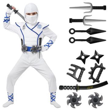 Spooktacular Creations Halloween Ninja Costume  White Ninja Outfit Set for Kids  Halloween Costumes with Accessories for Boys Dress Up and Role Play Party (Small  5-7 yrs)