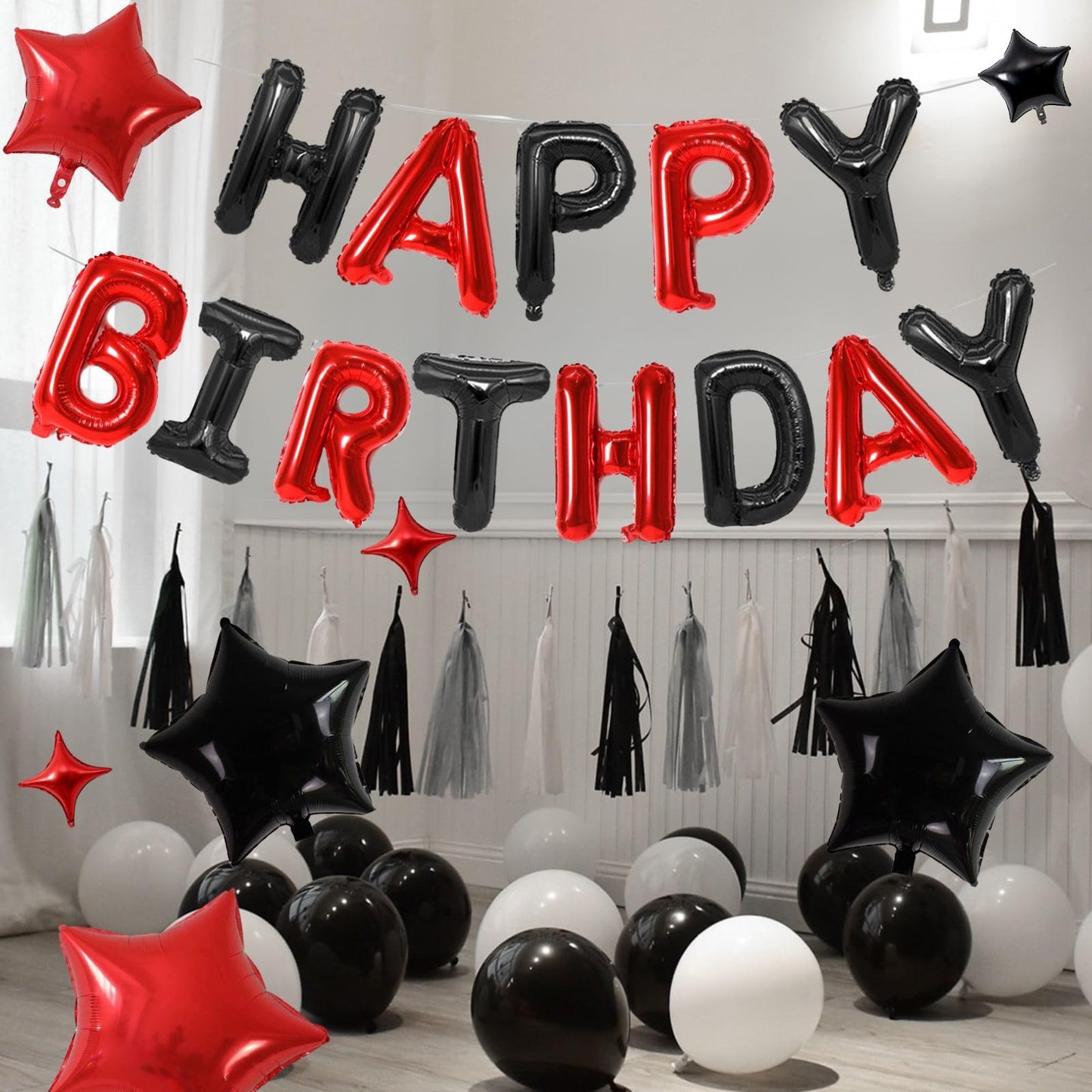 Happy Birthday Balloons Banner, Red Black Happy Birthday Foil Balloons 16 Inch Mylar Foil Letter Balloons With 8 Pcs Black Red S