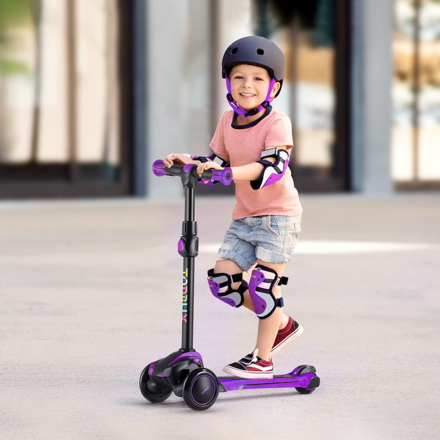 TONBUX Kids Scooter - Adjustable 4 Heights, Light Up Wheels, Shock Absorption, Purple, 5.9*25.6", Model D3