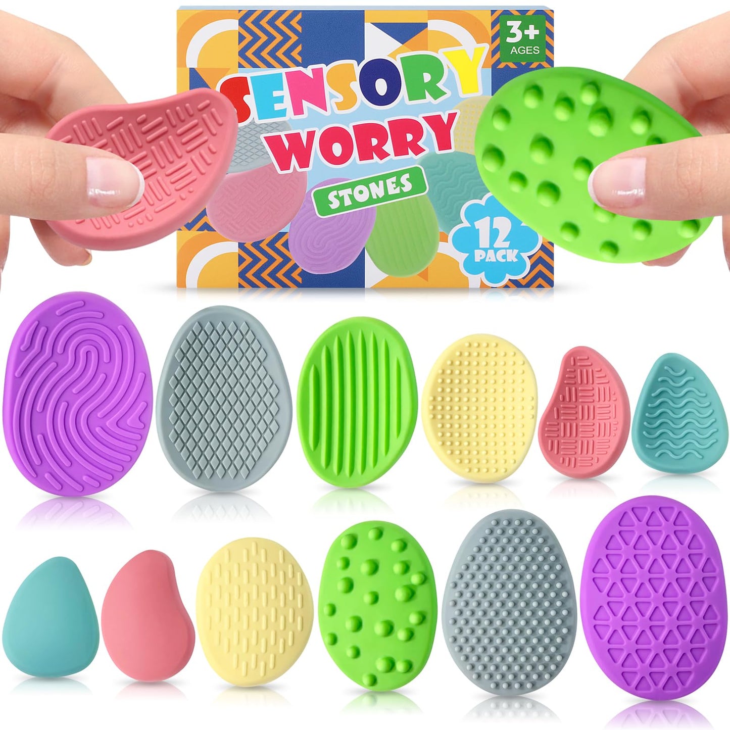 Sensory Fidget Toys For Kids Adults, 12Pcs Silicone Worry Stone, Textured Sensory Stones For Autism Adhd Kids Calming, Classroom Prizes Sensory Toys - Gifts Christmas Stocking Stuffers For Kids