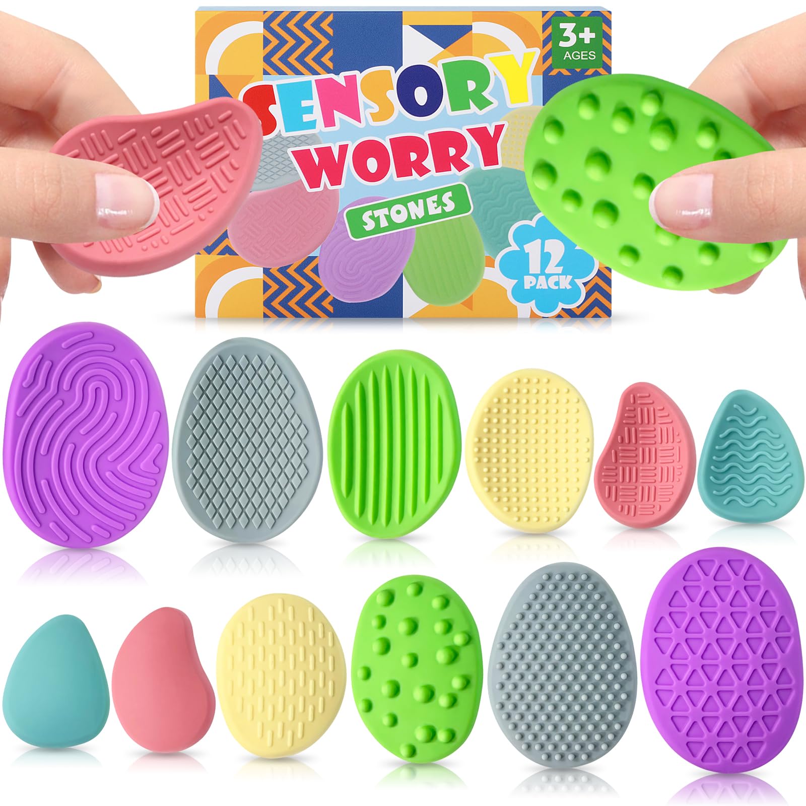 Sensory Fidget Toys For Kids Adults, 12Pcs Silicone Worry Stone, Textured Sensory Stones For Autism Adhd Kids Calming, Classroom Prizes Sensory Toys - Gifts Christmas Stocking Stuffers For Kids