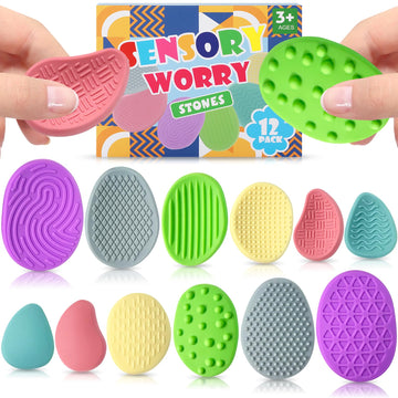 Sensory Fidget Toys For Kids Adults, 12Pcs Silicone Worry Stone, Textured Sensory Stones For Autism Adhd Kids Calming, Classroom Prizes Sensory Toys - Gifts Christmas Stocking Stuffers For Kids