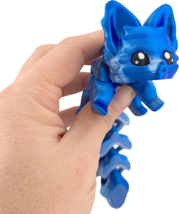 Cute Fox Desk Buddy, Articulated 3D Printed Fidget, 7.5 Inches, Authorized Seller (Silk Blue/Silver)
