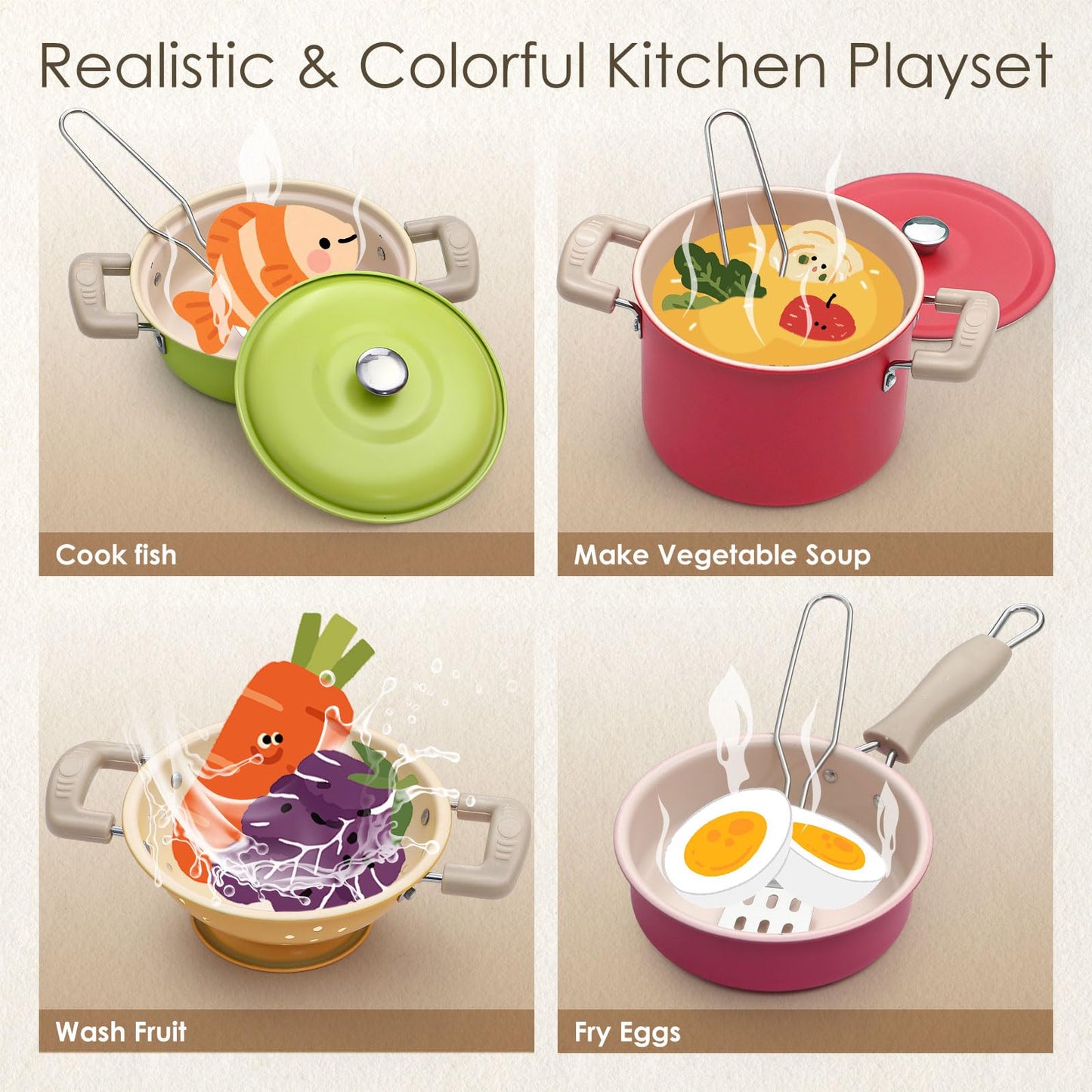 Golray Play Kitchen Accessories, Kids Kitchen Playset Pretend Cookware Including Pots and Pans Set, Cooking Utensils, Organizer,