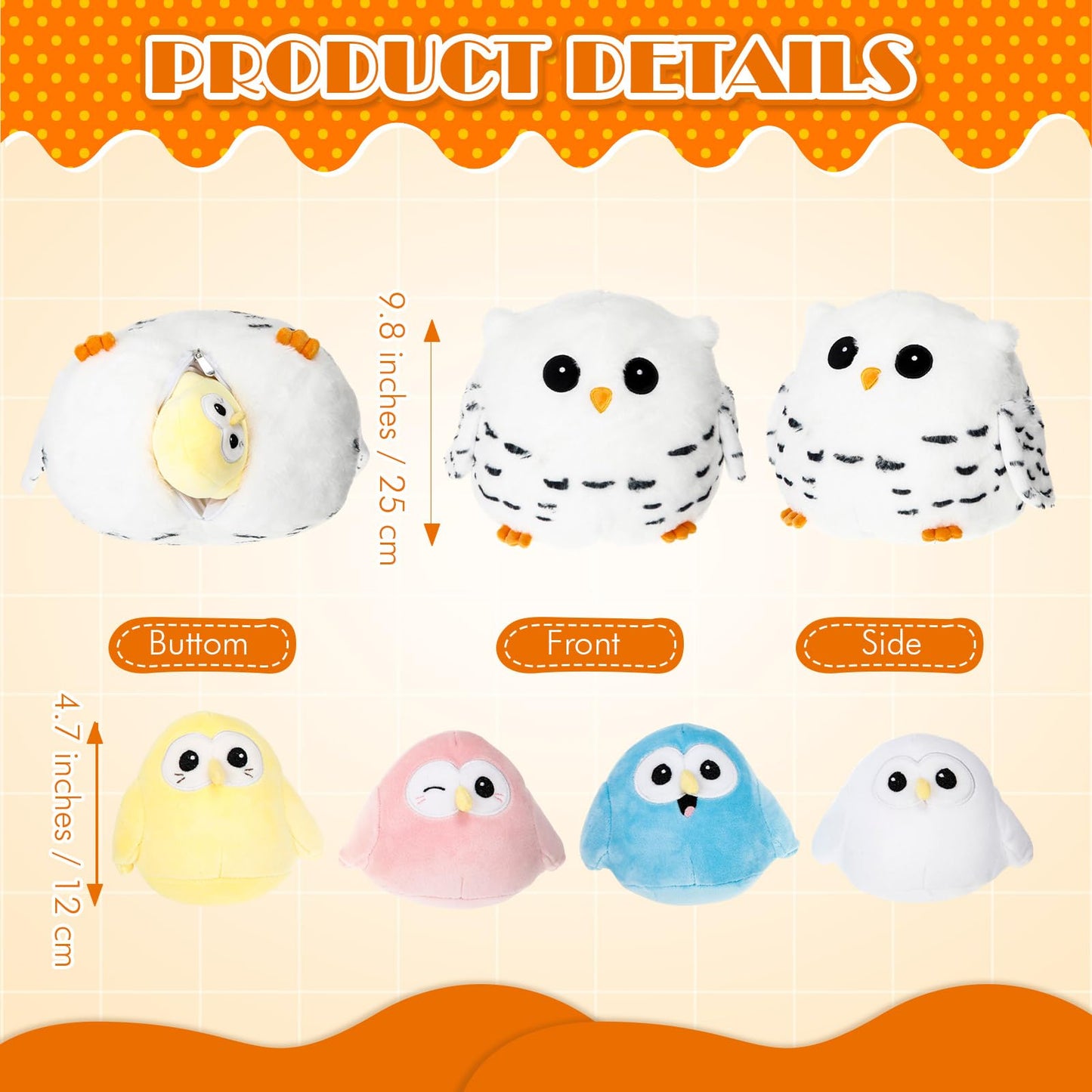 Hollowfly 5 Pcs Fat Owls Plush Toy Gift Set 9.5 Mom Owls with 4 Cute Colorful Babies Stuffed Animal in Zippered Butt Nurturing P