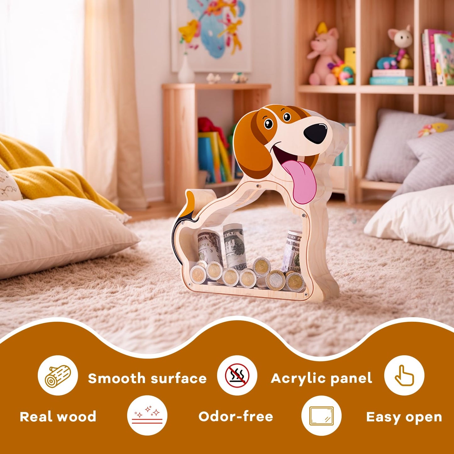 Beagle Wooden Piggy Bank For Boys, Girls, Unbreakable Wooden Money Box For Kids With Letter Stickers, Cute Wooden Cash Coin Bank