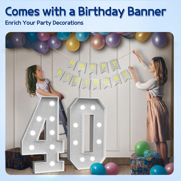 Marquee Numbers Silver 40Th-Birthday Decorations: Large 3Ft Light Up Number Grey 40 Birthday Decoration For Women Men Forty Year