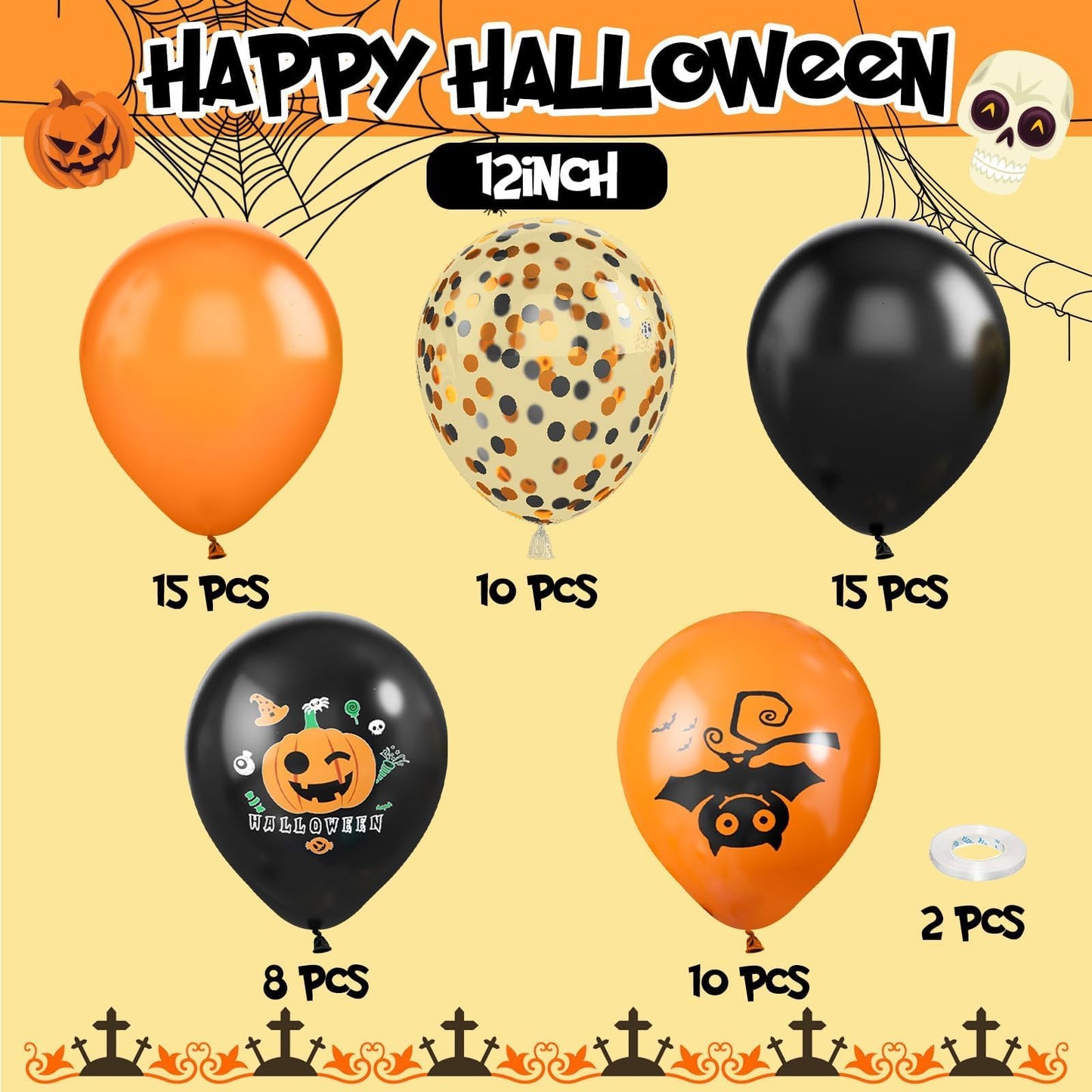 Halloween Balloons,60 Pcs 12 Inches Orange Black Balloons And Black Orange Pinted Pattern Decorative Balloons With Confetti Ball
