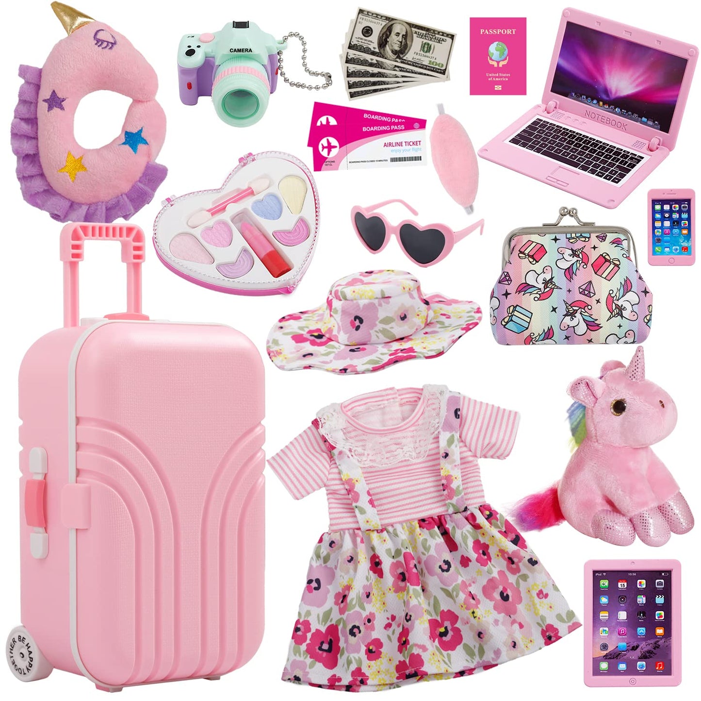 Windolls 18 Inch Doll Suitcase Travel Luggage Play Accessories - 18' Doll Clothes Accessories Travel Carrier Storage Set, Include Case, Doll Clothes, Hat, Sunglasses, Camera, Pillow, Toy Pet, Etc