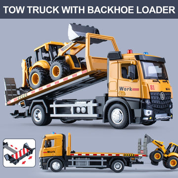 HAPYAD Tow Truck Toy Metal Cab, Flatbed Tow Truck Toys for Boys with Backhoe Loader, Friction Powered Transport Trailers with Li