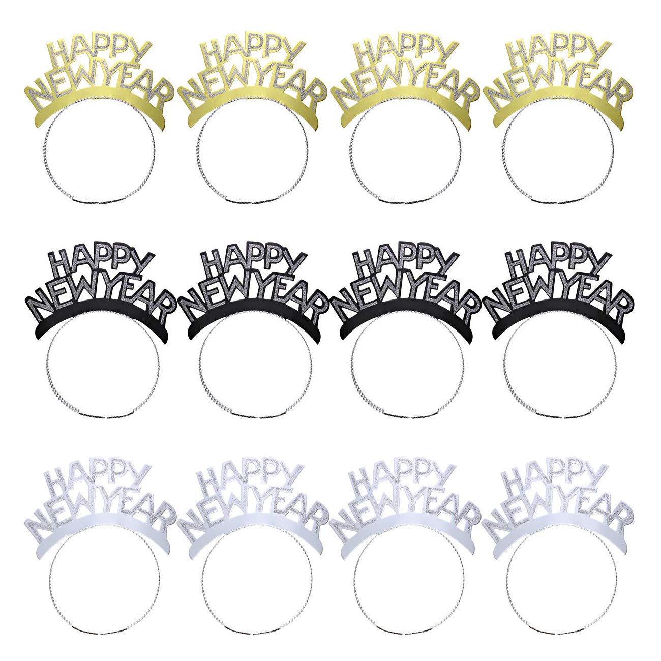 ORZIZRO 12Pcs HAPPY NEW YEAR Tiara Headband, Glitter Hair Clasp Tiaras for 2024 New Year Eve Party Favors Silver Gold Black
