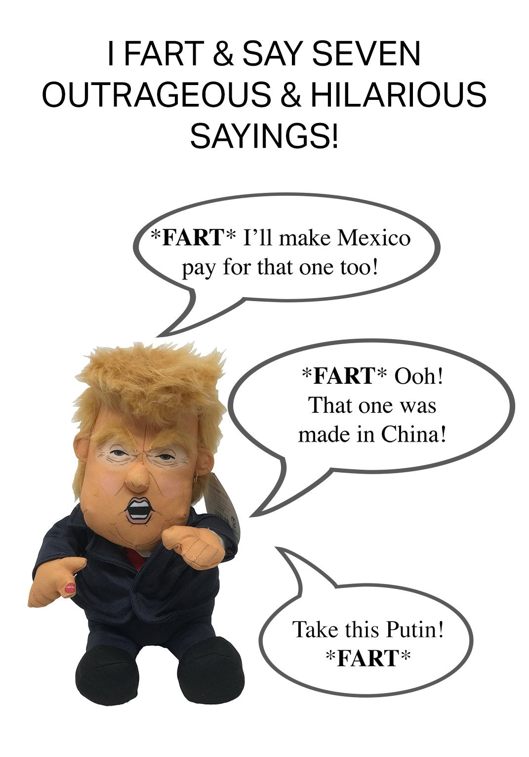 Pull My Finger Farting Donald Trump Plush Figure Doll -With Animated Hair-10.5 Inches Tall