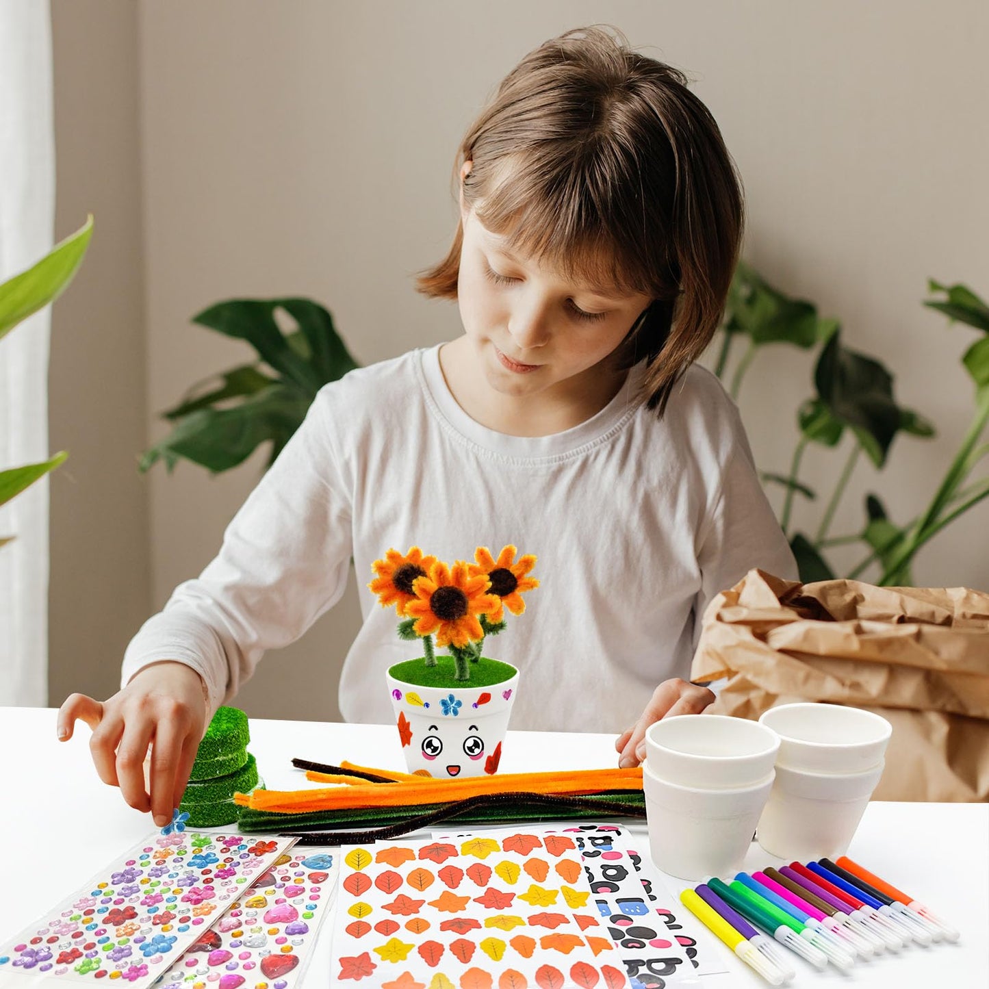 24 Set Garden Pot Craft Kit DIY Sunflower Plant Crafts Pot with Pipe Cleaners Stickers Fall Craft Kit for Fall Thanksgiving Autu